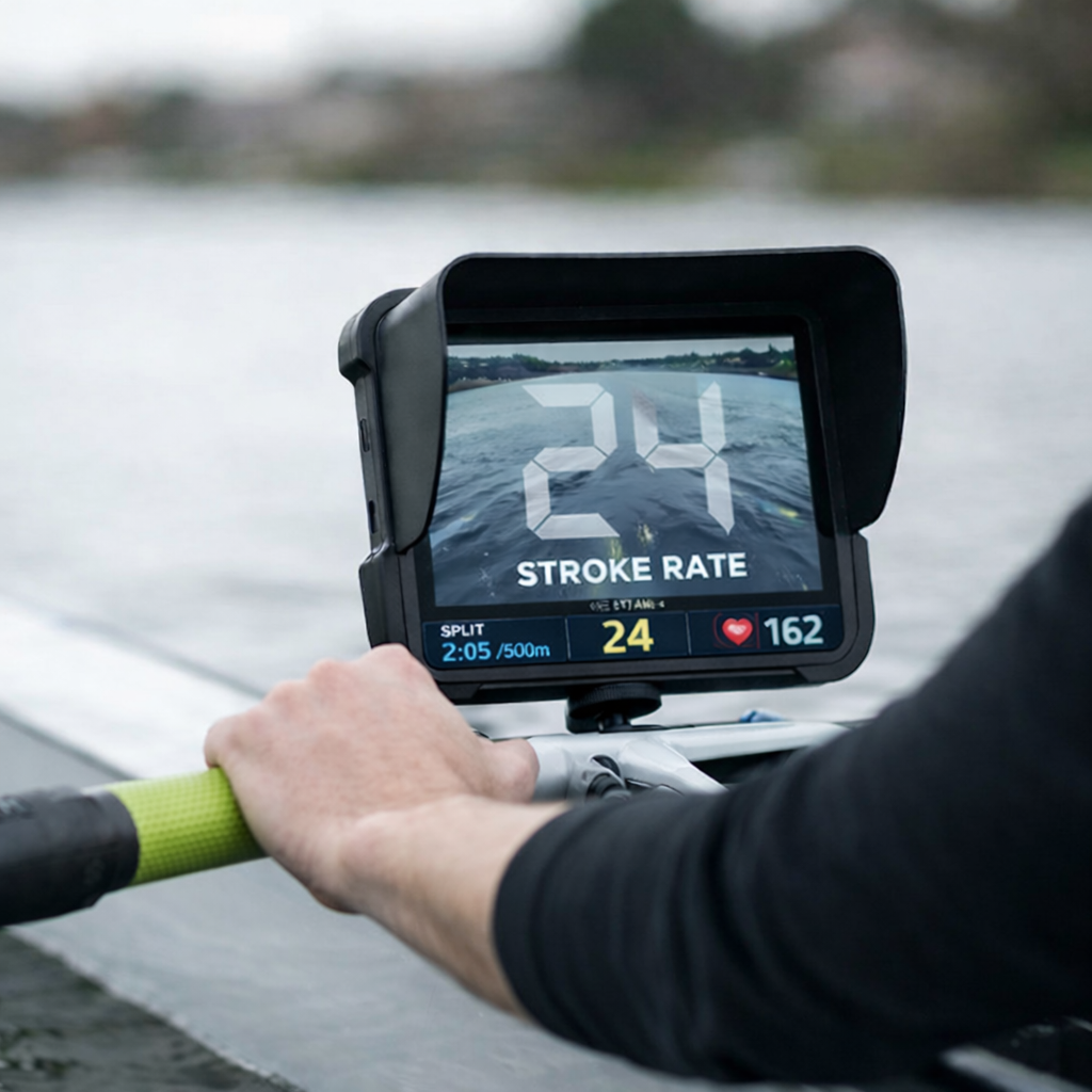 OarCam rear-view display mounted on a rowing shell